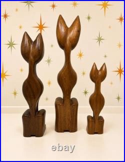 Vintage Hand Carved Solid Teak Wood Cat Sculpture Set of 3 Mid Century MCM