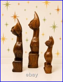 Vintage Hand Carved Solid Teak Wood Cat Sculpture Set of 3 Mid Century MCM
