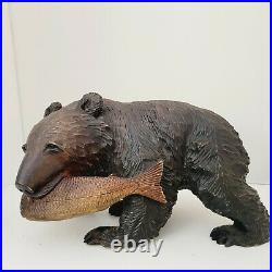 Vintage Hand Carved Solid Wood Black Bear Holding Fish in Mouth Statue Figure