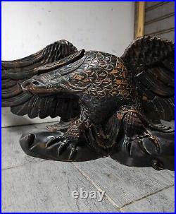 Vintage Hand Carved Solid Wood Black Eagle Figurine Sculpture Statue