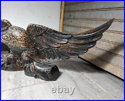 Vintage Hand Carved Solid Wood Black Eagle Figurine Sculpture Statue