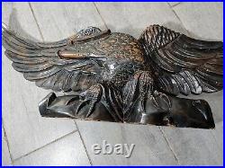 Vintage Hand Carved Solid Wood Black Eagle Figurine Sculpture Statue