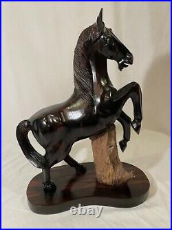 Vintage Hand Carved Solid Wood Horse Sculpture with Wooden Base 21 Large
