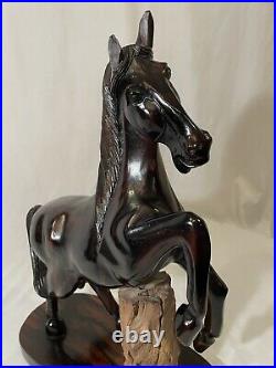 Vintage Hand Carved Solid Wood Horse Sculpture with Wooden Base 21 Large