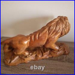 Vintage Hand Carved Solid Wood Lion 1977 Folk Art Figurine Sculpture 15×6×8