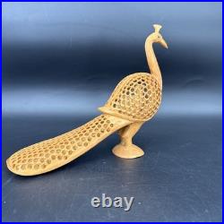 Vintage Hand Carved Teak Peacock Sculpture Pierced Wood Mid Century Boho