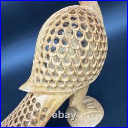 Vintage Hand Carved Teak Peacock Sculpture Pierced Wood Mid Century Boho