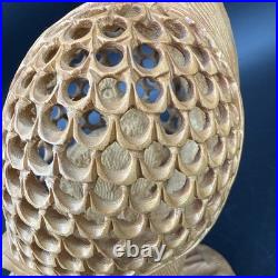 Vintage Hand Carved Teak Peacock Sculpture Pierced Wood Mid Century Boho