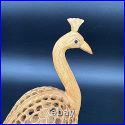 Vintage Hand Carved Teak Peacock Sculpture Pierced Wood Mid Century Boho