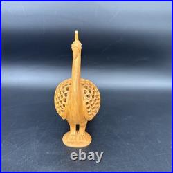Vintage Hand Carved Teak Peacock Sculpture Pierced Wood Mid Century Boho
