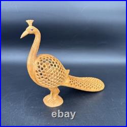Vintage Hand Carved Teak Peacock Sculpture Pierced Wood Mid Century Boho