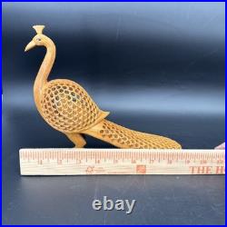 Vintage Hand Carved Teak Peacock Sculpture Pierced Wood Mid Century Boho