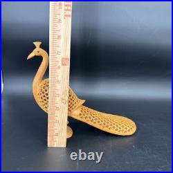 Vintage Hand Carved Teak Peacock Sculpture Pierced Wood Mid Century Boho