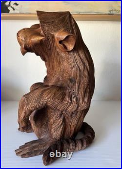 Vintage Hand Carved Teak Wood Monkey Ape Sculpture 12.5 Tall