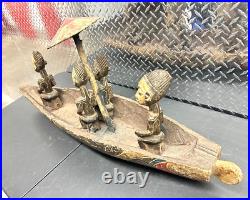 Vintage Hand Carved Woden Yoruba Nigeria Tribe On A Canoe Figure 38 Inches Long