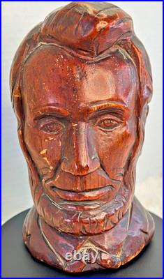 Vintage Hand Carved Wood Abraham Lincoln Bust Signed DK Folk Art Sculpture