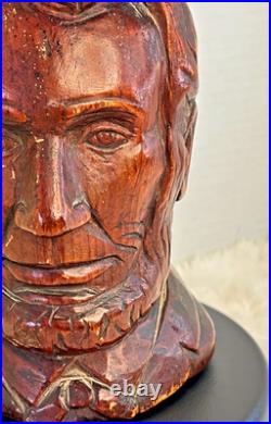 Vintage Hand Carved Wood Abraham Lincoln Bust Signed DK Folk Art Sculpture