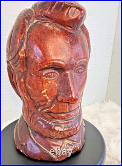 Vintage Hand Carved Wood Abraham Lincoln Bust Signed DK Folk Art Sculpture
