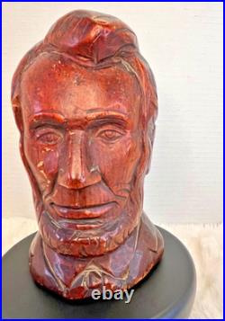 Vintage Hand Carved Wood Abraham Lincoln Bust Signed DK Folk Art Sculpture