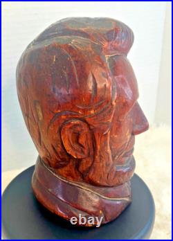 Vintage Hand Carved Wood Abraham Lincoln Bust Signed DK Folk Art Sculpture