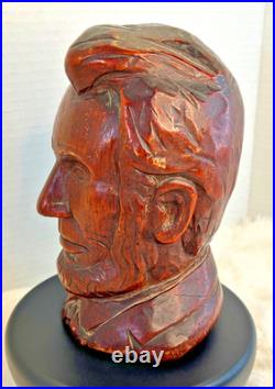 Vintage Hand Carved Wood Abraham Lincoln Bust Signed DK Folk Art Sculpture