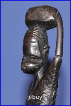 Vintage Hand Carved Wood African Man Carrying Bag On The Head Statuette