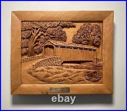 Vintage Hand Carved Wood Art -Covered Bridge High Relief Sculpture Board -Signed