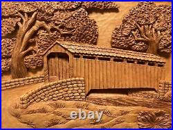 Vintage Hand Carved Wood Art -Covered Bridge High Relief Sculpture Board -Signed