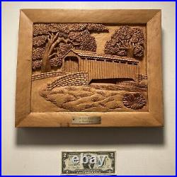 Vintage Hand Carved Wood Art -Covered Bridge High Relief Sculpture Board -Signed