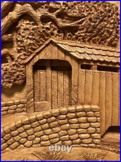 Vintage Hand Carved Wood Art -Covered Bridge High Relief Sculpture Board -Signed