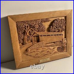 Vintage Hand Carved Wood Art -Covered Bridge High Relief Sculpture Board -Signed