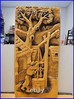 Vintage Hand Carved Wood Art Plaque Man G Marincu Artist Signed Sculpture 22×12