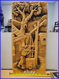 Vintage Hand Carved Wood Art Plaque Man G Marincu Artist Signed Sculpture 22×12