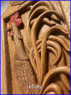 Vintage Hand Carved Wood Art Sculpture Board MCM Rooster Cock Stylized Fine