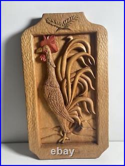 Vintage Hand Carved Wood Art Sculpture Board MCM Rooster Cock Stylized Fine