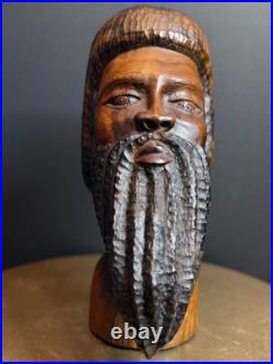 Vintage Hand Carved Wood Bearded Bust African Style Folk Art Sculpture 16