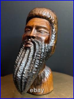 Vintage Hand Carved Wood Bearded Bust African Style Folk Art Sculpture 16