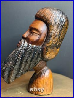 Vintage Hand Carved Wood Bearded Bust African Style Folk Art Sculpture 16