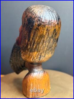 Vintage Hand Carved Wood Bearded Bust African Style Folk Art Sculpture 16