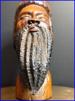 Vintage Hand Carved Wood Bearded Bust African Style Folk Art Sculpture 16