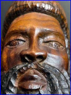 Vintage Hand Carved Wood Bearded Bust African Style Folk Art Sculpture 16