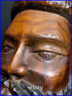 Vintage Hand Carved Wood Bearded Bust African Style Folk Art Sculpture 16