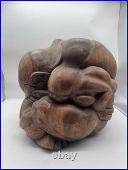 Vintage Hand Carved Wood Beautiful Weeping Buddha Sculpture 20 Lb 12x9 Yogi