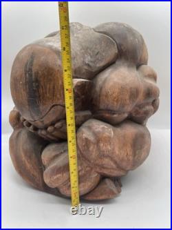 Vintage Hand Carved Wood Beautiful Weeping Buddha Sculpture 20 Lb 12x9 Yogi