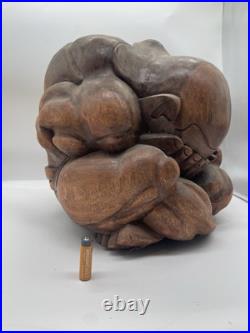 Vintage Hand Carved Wood Beautiful Weeping Buddha Sculpture 20 Lb 12x9 Yogi