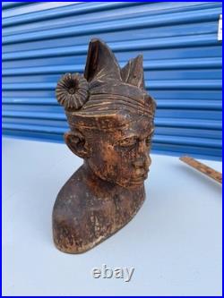 Vintage Hand Carved Wood Bust Sculpture Asian Balinese Style Figure