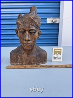 Vintage Hand Carved Wood Bust Sculpture Asian Balinese Style Figure