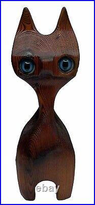 Vintage Hand Carved Wood Cat Figurine Sculpture Tiki Blue Eyes 9.5