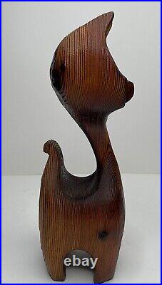 Vintage Hand Carved Wood Cat Figurine Sculpture Tiki Blue Eyes 9.5