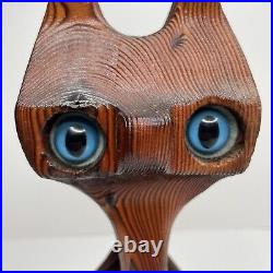 Vintage Hand Carved Wood Cat Figurine Sculpture Tiki Blue Eyes 9.5